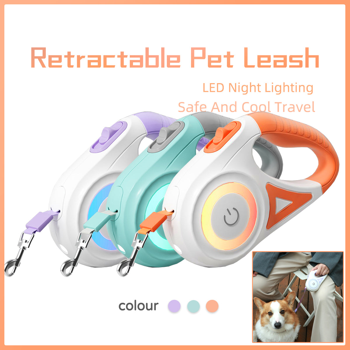 LED Retractable Dog leash with spotlight